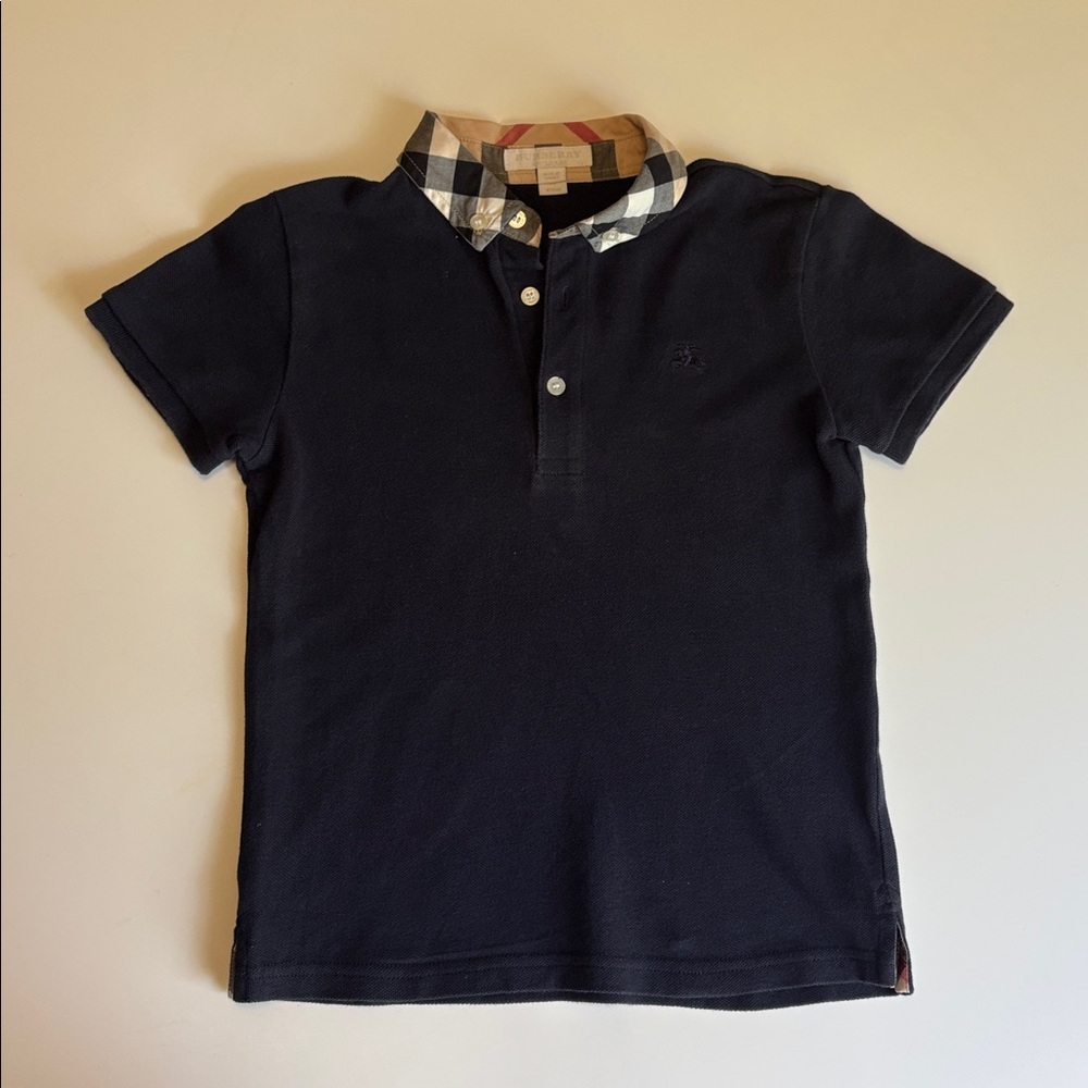 Burberry Navy Blue Kids Polo Shirt with Check Collar